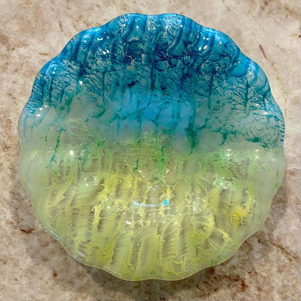 🔵 TURQUOISE BLUE AND LIME GREEN FUSED ART GLASS BOWL DISH 🔵
